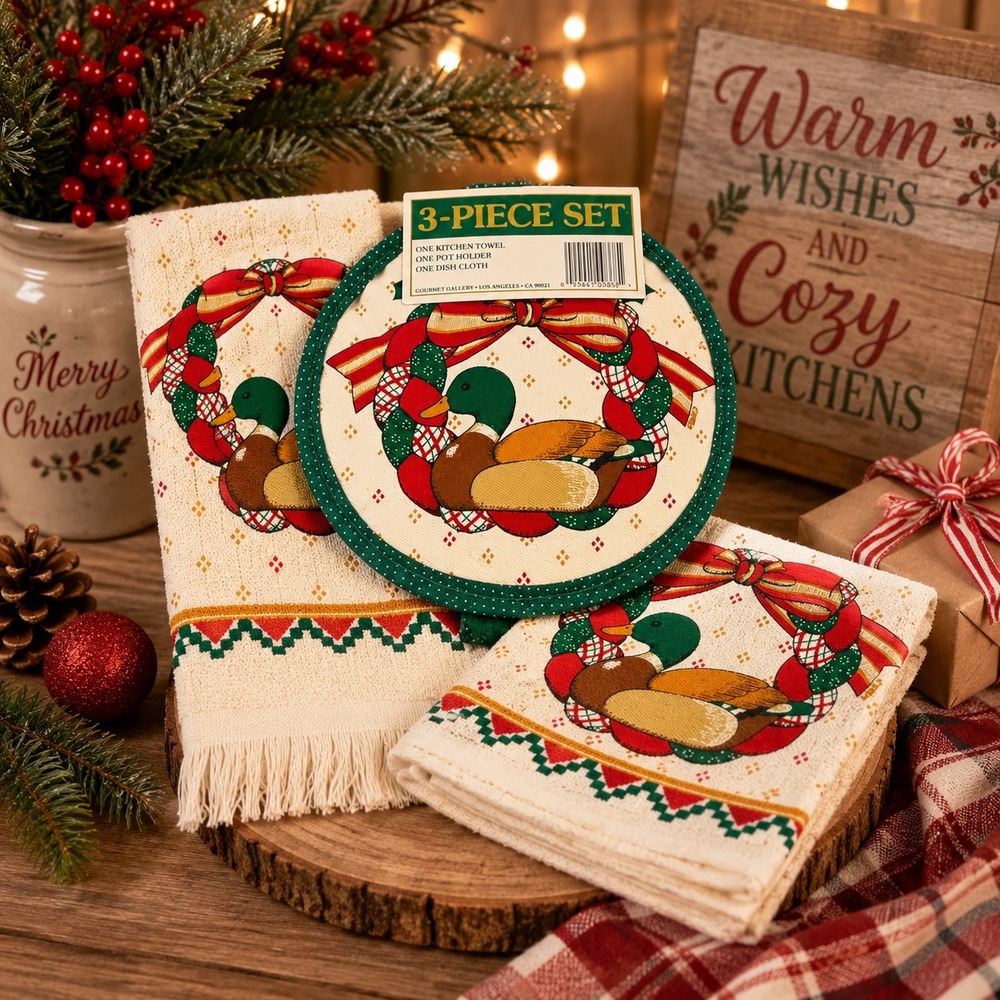 Vintage Gourmet Gallery Mallard Duck 3 Piece Kitchen Towel Pot Holder Set NEW